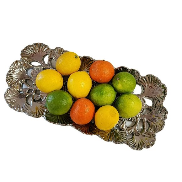 Vintage Heavy Decorative Embossed Silver Ceramic Platter Tray Size 16.5in - Picture 7 of 9